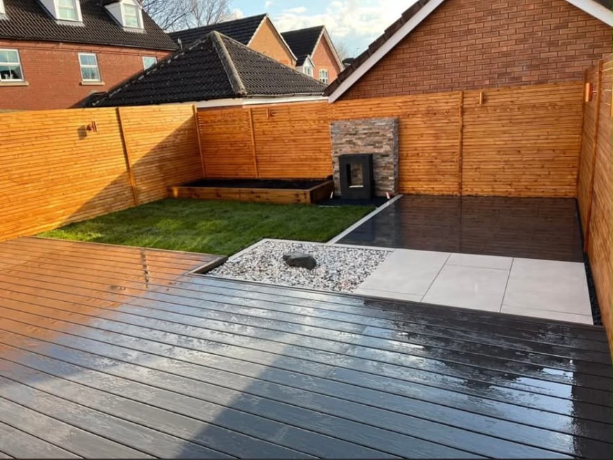 Composite decking, lawn and outdoor fireplace