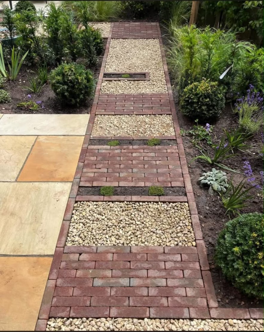 Detailed brick and gravel garden path surrounded by planting