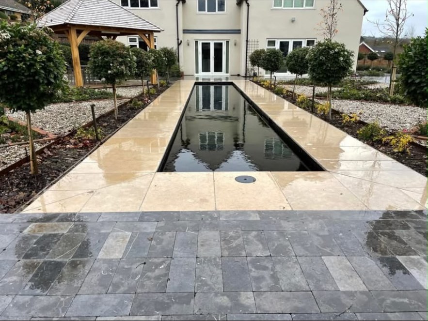 Formal landscaped garden with a long reflecting pool