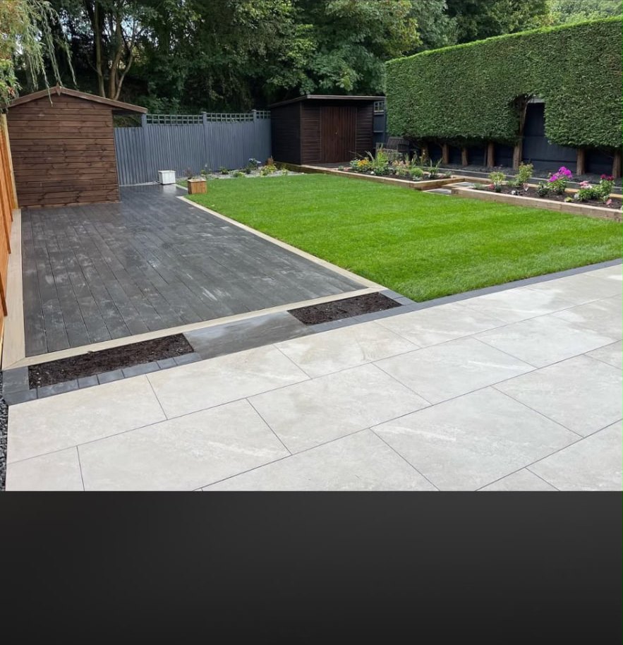Composite decking, lawn and porcelain patio