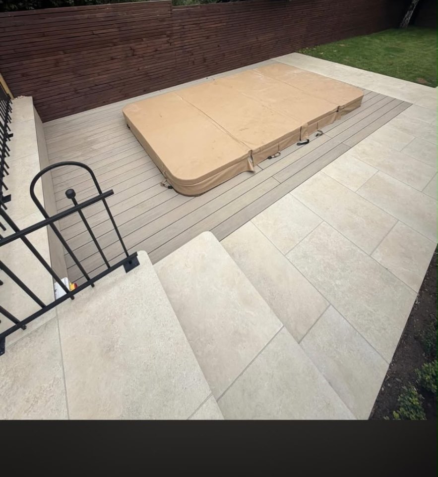 Porcelain patio and composite deck with hot tub